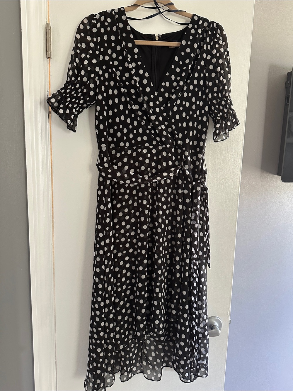 Tommy Hilfiger Black and White Polka Dot Wrap Midi Dress